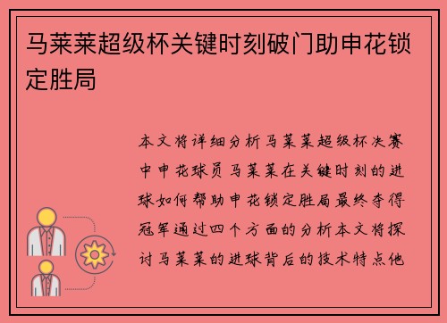 马莱莱超级杯关键时刻破门助申花锁定胜局